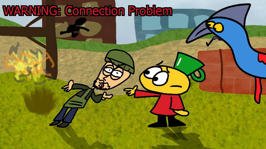 WARNING: Connection Problem. Auto-disconnect in 60 seconds Funny screenshot of Mugman and his pet cassowary Sunshine in a video game's city that has poor internet connection