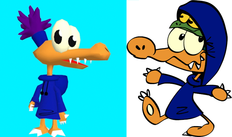 A 3D render of Azul from Snaggleswamp, and an illustration of Abbi hiding in Azul's hood