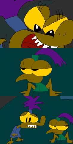 Three frames showing a usual interaction between Albi and Azul: top shows Azul trying to scare Albi, middle shows Albi looking unamused, the bottom shows Azul feeling let down by her own scare attempt failing