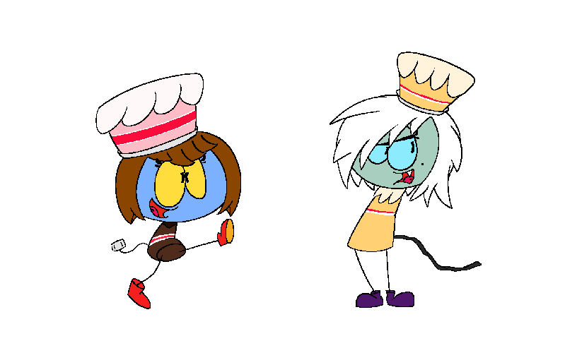 Reference drawings of two Cakelini characters; left features Cakelini, right features Frostianca