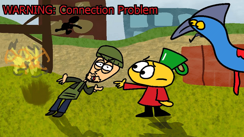 Funny screenshot of Mugman and his pet cassowary Sunshine in a video game's city that has poor internet connection
