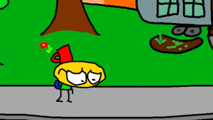 Mugman looking sad at a sidewalk: he is upset about the aforementioned dramas