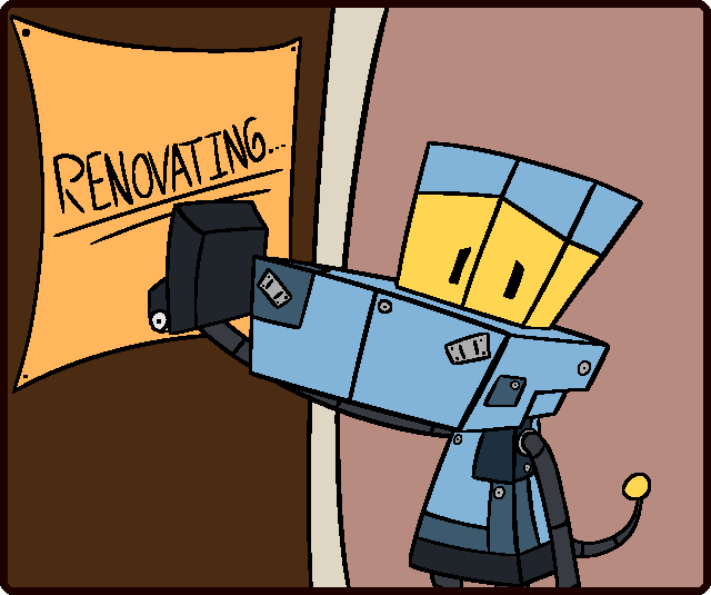 Robodi tapping a door with a sign that reads 'RENOVATING...'